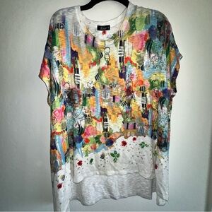 Inoah Art To Wear Colorful Childs Drawing Short Sleeve Hi Lo Hem Blouse Size XL